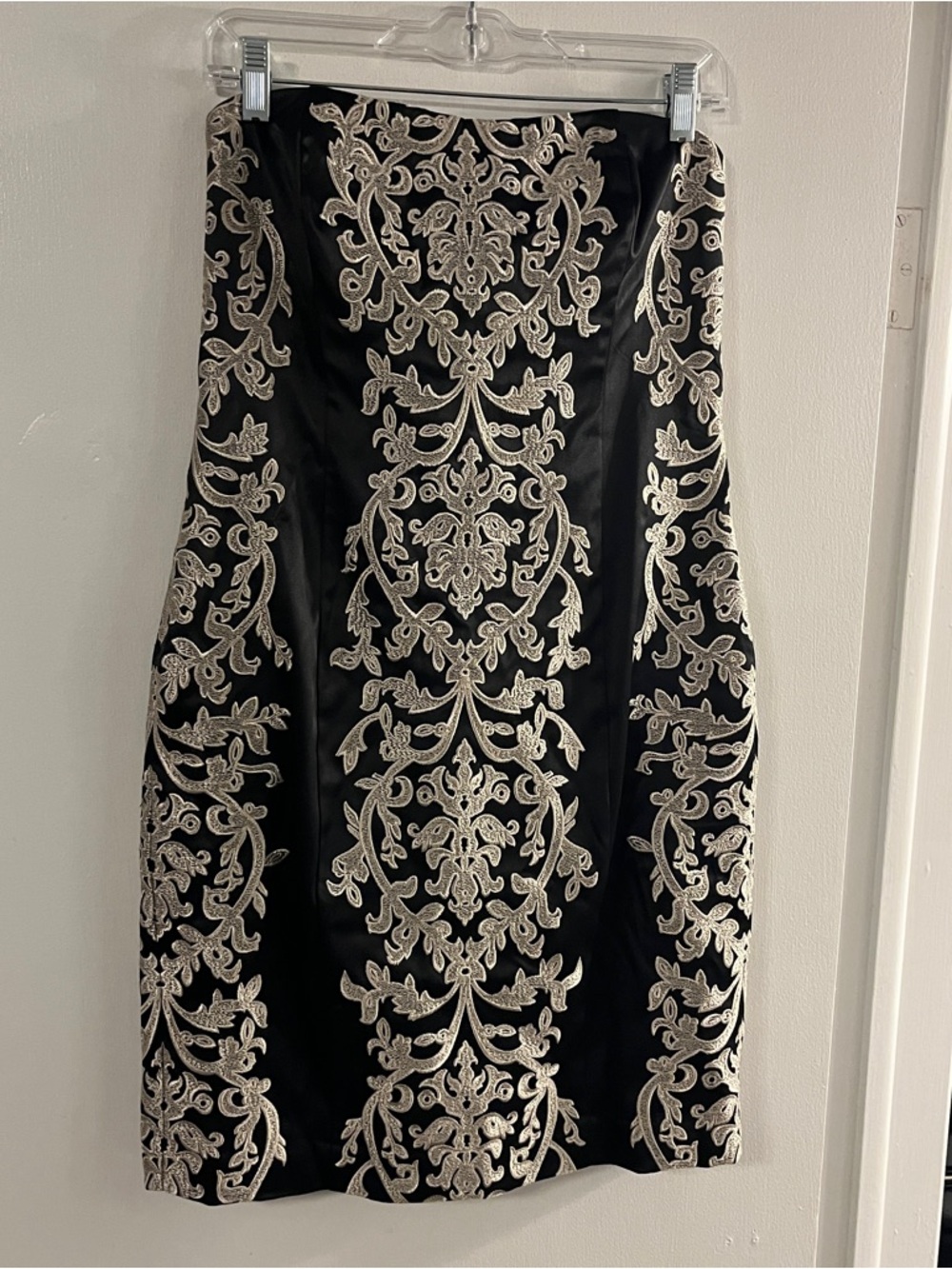 White House Black Market Black Midi Dress with Gold Embroidery